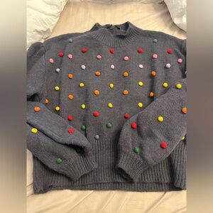 DAVI & DANI Charcoal Crewneck Sweater with Multicolor Pom-Poms